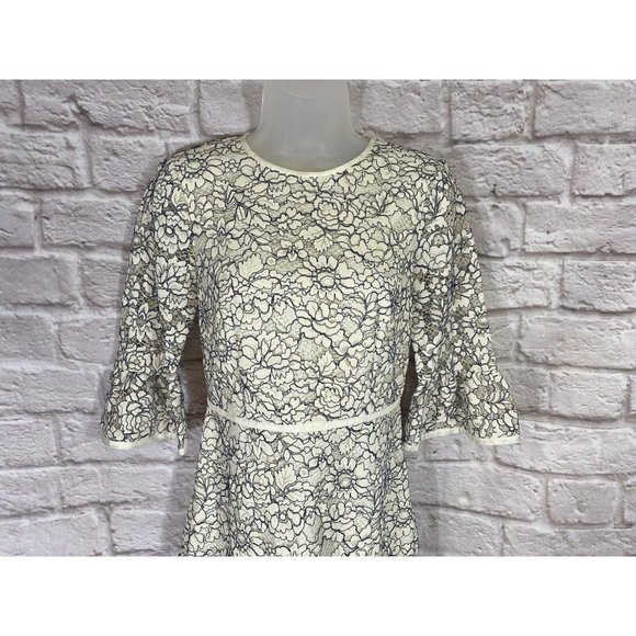 Draper James Lace Dress Womens 0 Ivory Blue Lined Embroidered Bell Sleeve 9528 - Picture 3 of 9